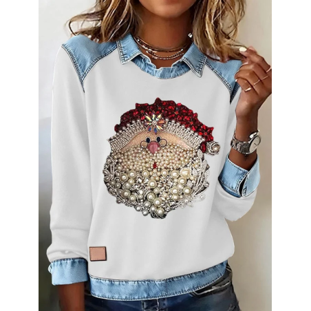 Women Santa Claus Shawl Collar Vintage Spring/Fall Long Sleeve Sweatshirt