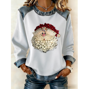 Women Santa Claus Crew Neck Printing Vintage Spring/Fall Long Sleeve Sweatshirt