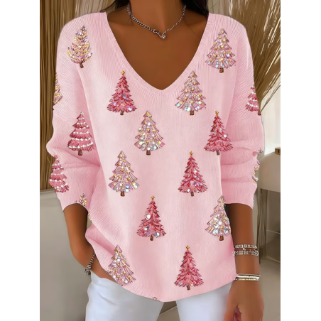 Women Christmas Long Sleeve Tee T-shirt V Neck Printing Casual Spring/Fall Top