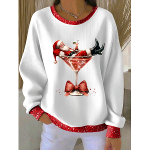 Women Santa Claus Crew Neck Printing Casual Spring/Fall Long Sleeve Sweatshirt