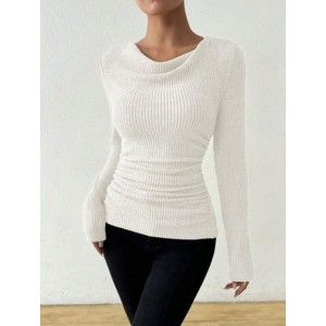 Women Plain Long Sleeve Tee T-shirt Crew Neck Ruched Casual Spring/Fall Top