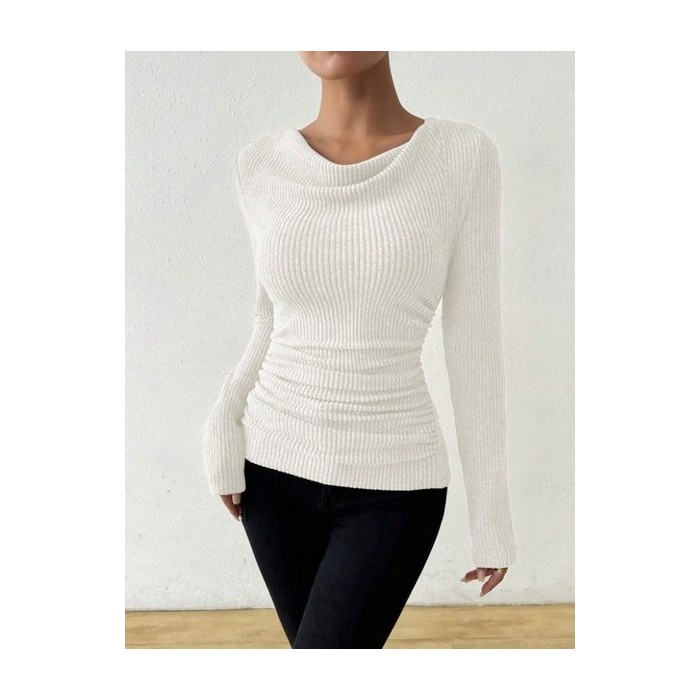 Women Plain Long Sleeve Tee T-shirt Crew Neck Ruched Casual Spring/Fall Top