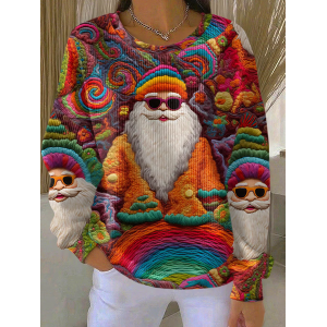 Women Santa Claus Crew Neck Printing Casual Spring/Fall Long Sleeve Sweatshirt