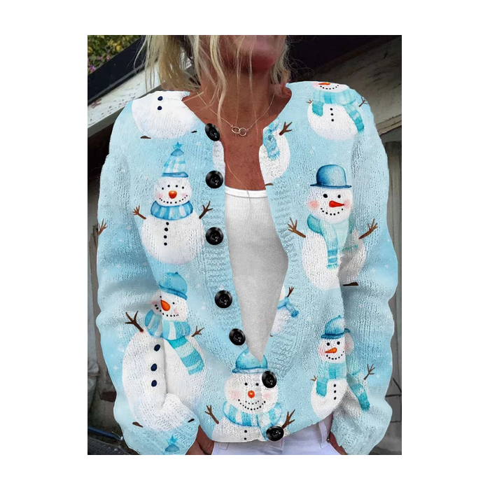 Women Christmas Snowman Printing Long Sleeve Crew Neck Vintage Spring/Fall Cardigan Outerwear