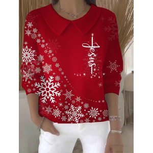 Women Christmas Printing Spring/Fall Casual Long Sleeve Shawl Collar Sweater
