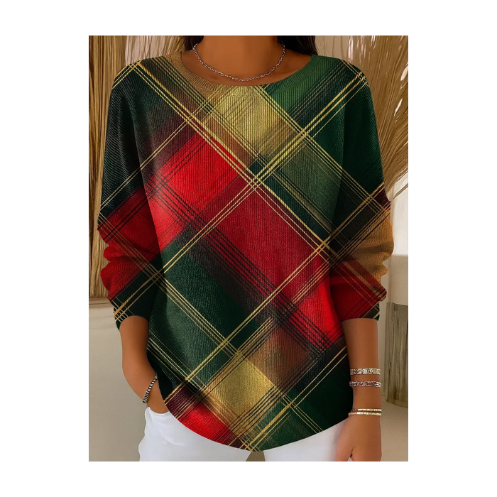 Women Plaid Printing Spring/Fall Casual Long Sleeve Crew Neck Sweater