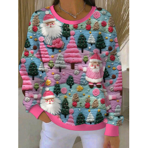 Women Santa Claus Crew Neck Printing Casual Spring/Fall Long Sleeve Sweatshirt