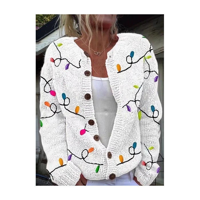 Women Christmas Printing Long Sleeve Crew Neck Vintage Spring/Fall Cardigan Outerwear