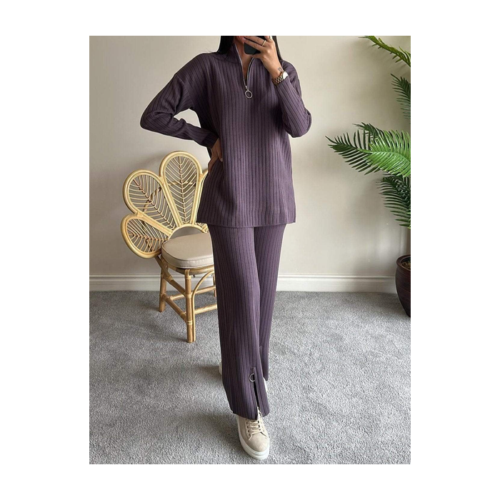 Women Plain Split Joint Two-Piece Set Daily Long Sleeve Casual Spring/Fall Top With Pants Matching Set