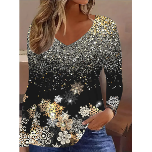 Women Christmas Long Sleeve Tee T-shirt V Neck Printing Casual Spring/Fall Graphic Tee Top