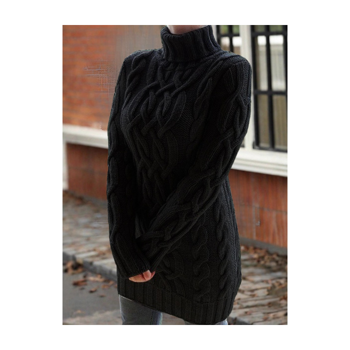 Women Plain Jacquard Winter Street Long Sleeve Mock Neck Sweater