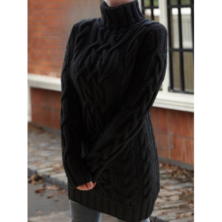 Women Plain Jacquard Winter Street Long Sleeve Mock Neck Sweater