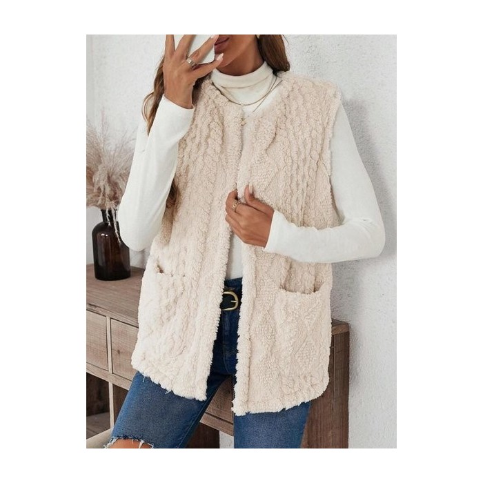 Embossed Street Plain Regular Fit Double-sided Collarless Plush Pocket Casual Cardigan Vest