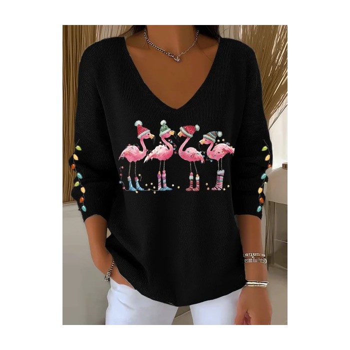 Women Christmas Long Sleeve Tee T-shirt V Neck Printing Casual Spring/Fall Top