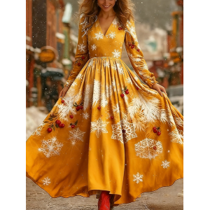 Women Christmas Long Sleeve Spring/Fall Dress V Neck Holiday Vintage Maxi A-Line Dress