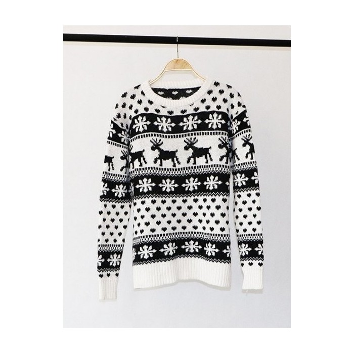 Women Ugly Sweater Christmas Jacquard Snowflake Deer Long Sleeve Knitted Sweater