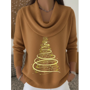 Women Christmas Printing Spring/Fall Casual Long Sleeve Cowl Neck Sweater