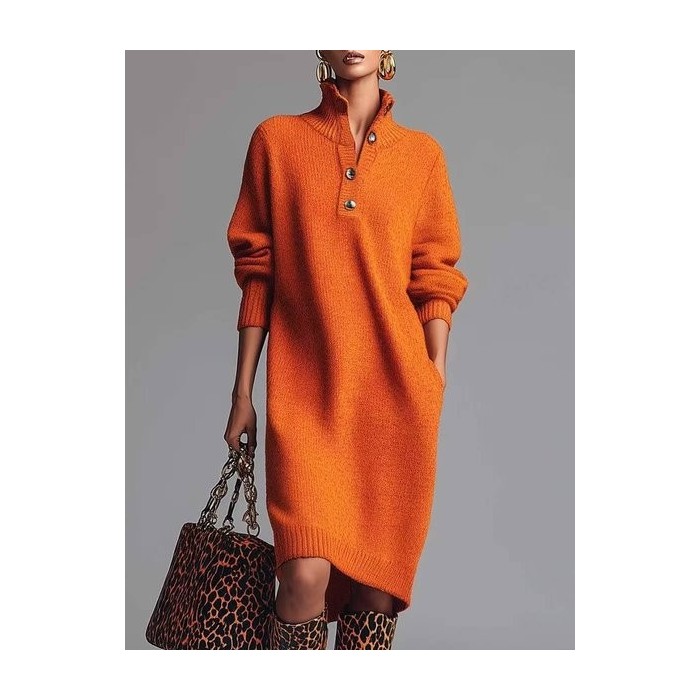 Women Plain Long Sleeve Autumn Dress Turtleneck Daily Casual Midi H-Line Dress