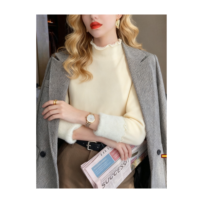 Women Plain Long Sleeve Tee T-shirt Mock Neck Split Joint Casual Spring/Fall Top