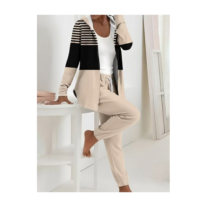 Women Striped Printing Two-Piece Set Daily Long Sleeve Casual Spring/Fall Coat With Pants Matching Set