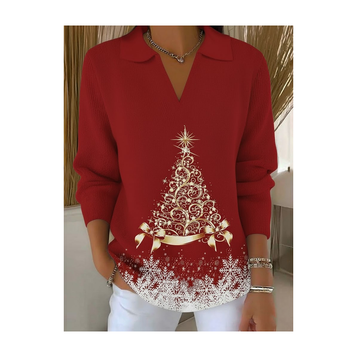 Women Christmas Printing Spring/Fall Casual Long Sleeve Shawl Collar Sweater