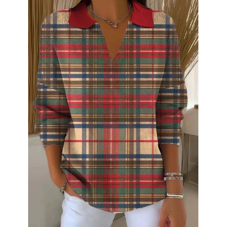 Women Plaid Printing Spring/Fall Casual Long Sleeve Shawl Collar Sweater