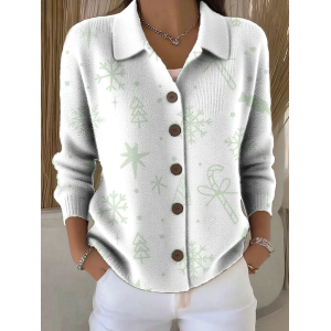 Women Christmas Printing Long Sleeve Shawl Collar Vintage Spring/Fall Cardigan Outerwear