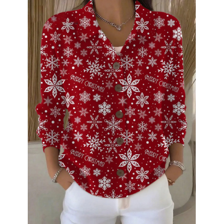 Women Christmas Printing Long Sleeve Shawl Collar Vintage Spring/Fall Cardigan Outerwear