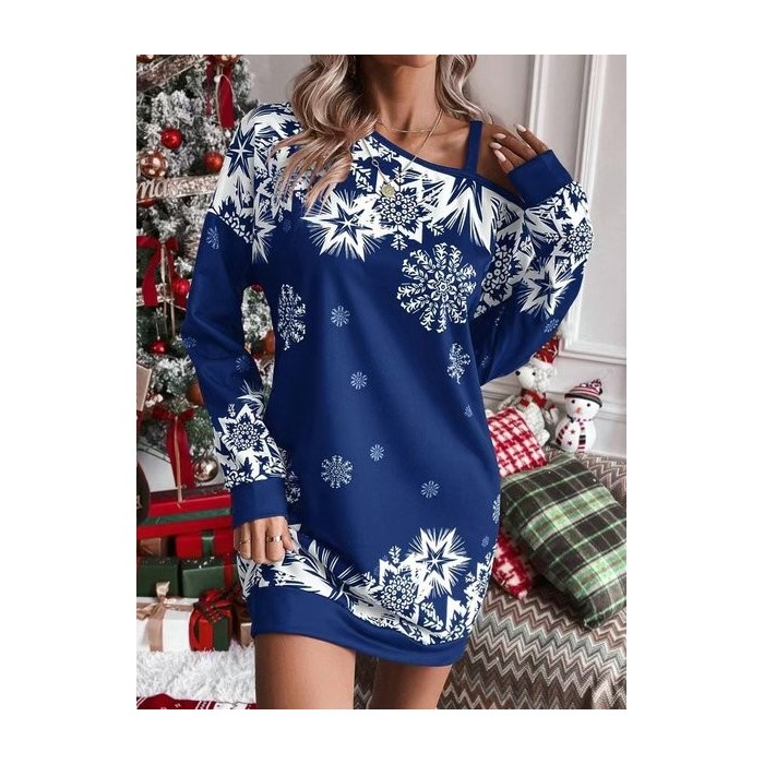 Women Christmas Long Sleeve Spring/Fall Printing Dress Cold Shoulder Daily Vintage Mini Hip Skirt A-Line Dress