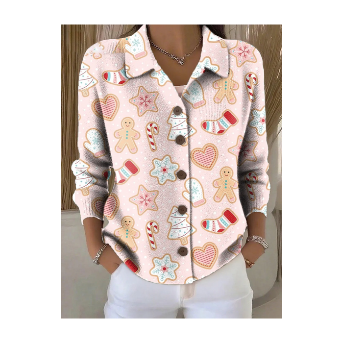 Women Christmas Printing Long Sleeve Shawl Collar Vintage Spring/Fall Cardigan Outerwear