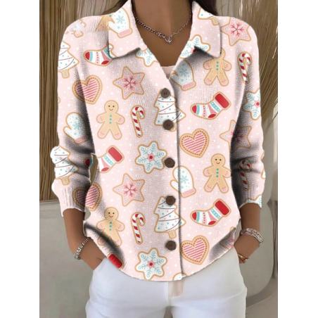 Women Christmas Printing Long Sleeve Shawl Collar Vintage Spring/Fall Cardigan Outerwear