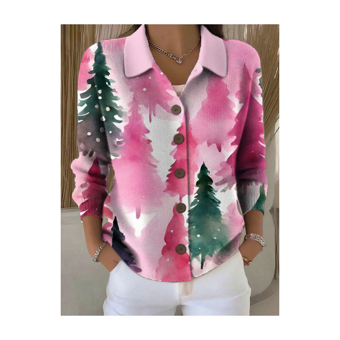 Women Christmas Printing Long Sleeve Shawl Collar Vintage Spring/Fall Cardigan Outerwear