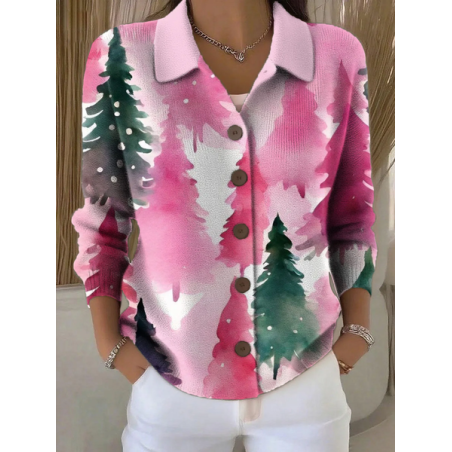 Women Christmas Printing Long Sleeve Shawl Collar Vintage Spring/Fall Cardigan Outerwear