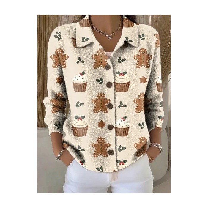 Women Christmas Printing Long Sleeve Shawl Collar Vintage Spring/Fall Cardigan Outerwear