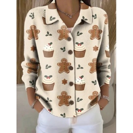 Women Christmas Printing Long Sleeve Shawl Collar Vintage Spring/Fall Cardigan Outerwear
