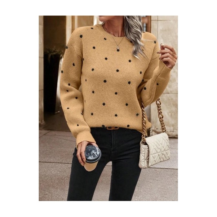 Women Polka Dots Printing Winter Casual Long Sleeve Crew Neck Sweater