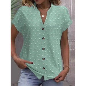 Women Polka Dots Short Sleeve Tee T-shirt V Neck Jacquard Casual Summer Top