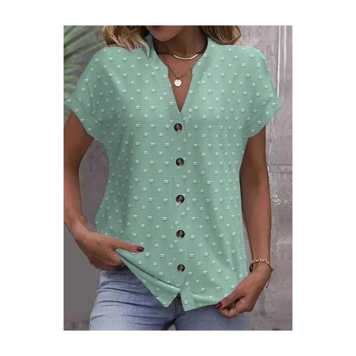 Women Polka Dots Short Sleeve Tee T-shirt V Neck Jacquard Casual Summer Top