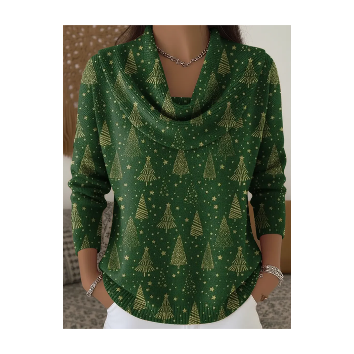 Women Christmas Printing Spring/Fall Casual Long Sleeve Cowl Neck Sweater