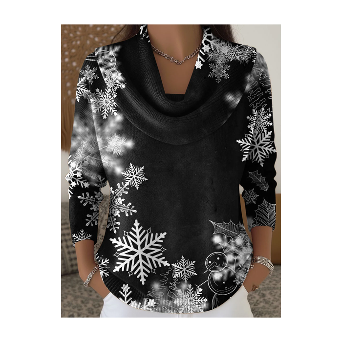 Women Christmas Printing Spring/Fall Casual Long Sleeve Cowl Neck Sweater