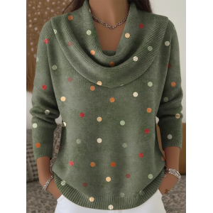 Women Polka Dots Printing Spring/Fall Casual Long Sleeve Cowl Neck Sweater