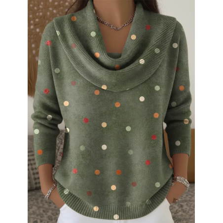 Women Polka Dots Printing Spring/Fall Casual Long Sleeve Cowl Neck Sweater