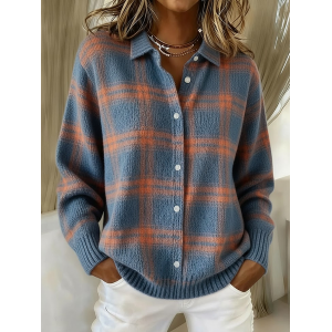 Women Plaid Printing Long Sleeve Shawl Collar Vintage Spring/Fall Cardigan Outerwear