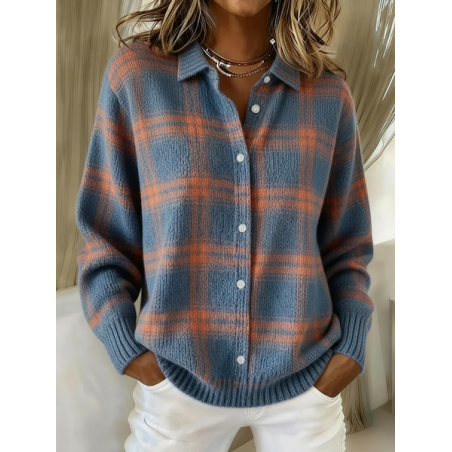 Women Plaid Printing Long Sleeve Shawl Collar Vintage Spring/Fall Cardigan Outerwear