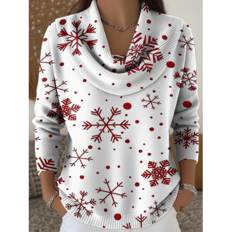 Women Christmas Printing Spring/Fall Casual Long Sleeve Cowl Neck Sweater