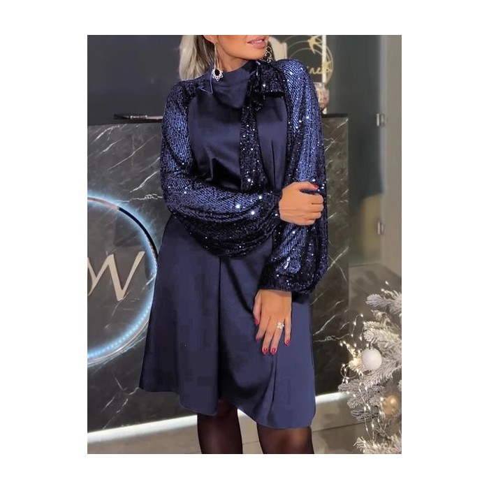 Women Plain Long Sleeve Spring/Fall Split Joint Dress Crew Neck Daily Vintage Midi Sequin A-Line Dress
