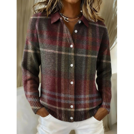 Women Plaid Printing Long Sleeve Shawl Collar Vintage Spring/Fall Cardigan Outerwear
