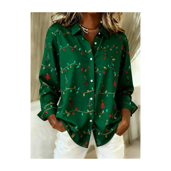 Women Christmas Long Sleeve Shirt Spring/Fall Shawl Collar Holiday Vintage Top