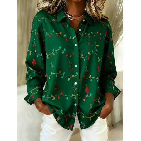 Women Christmas Long Sleeve Shirt Spring/Fall Shawl Collar Holiday Vintage Top