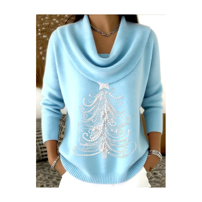 Women Christmas Printing Spring/Fall Casual Long Sleeve Cowl Neck Sweater